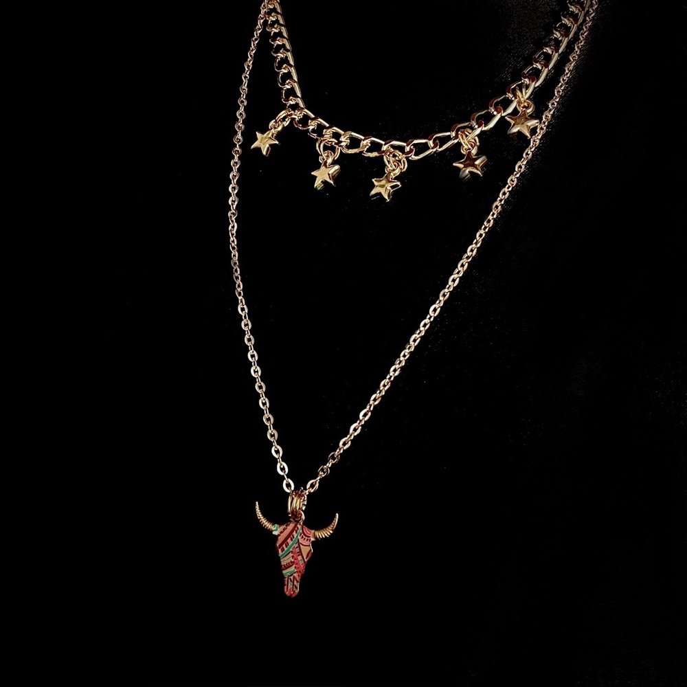 Handmade Bull Skull & Star Charm Necklace